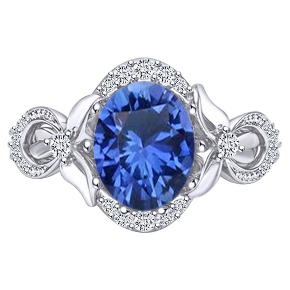 AFFY 2.25 Carat Oval Shape Simulated Blue Sapphire & Natural Diamond Promise Ring 14K Solid White Gold Ring Size-5