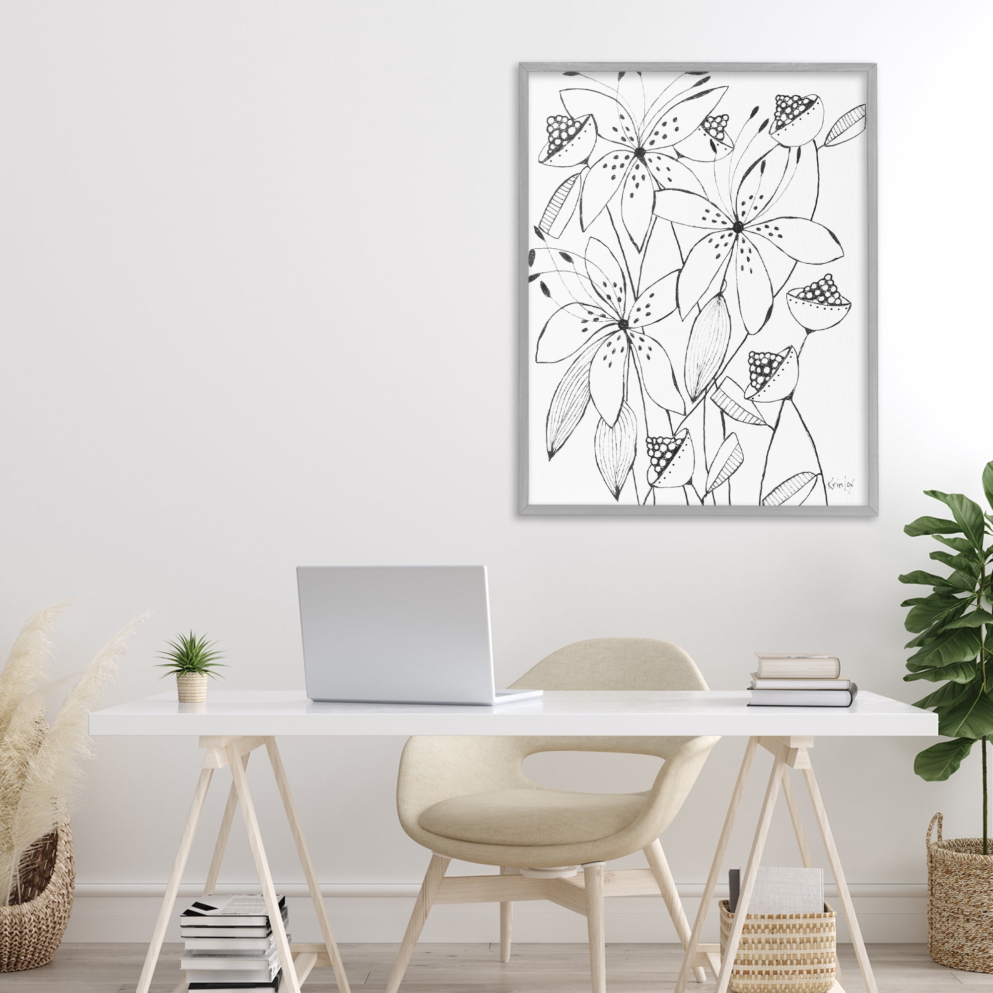 Stupell Industries Open Blooms Outline Gray Framed Giclee Art, design by Krinlox