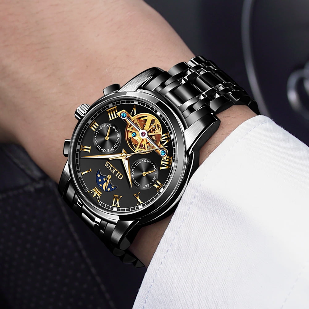OLEVS Automatic Watches for Mens Skeleton Mechanical Self Winding Chronograph Calendar Classic Dress Moon Phase Multifunction Mens Wrist Watches Luminous Waterproof Stainless Steel Reloj Para Hombre