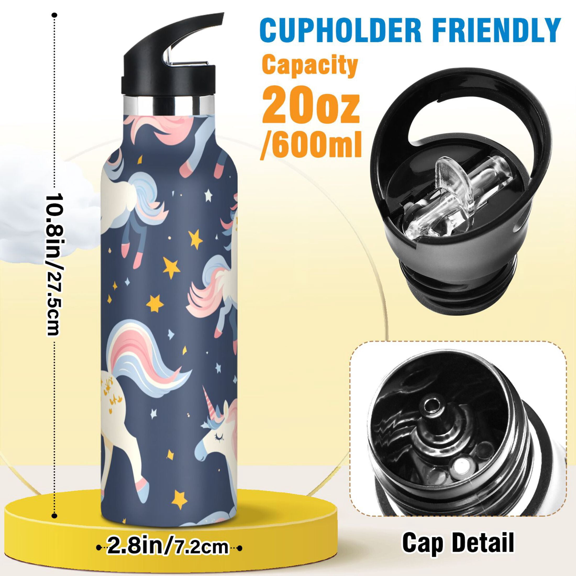 Kids Insulated Stainless Steel Sports Water Bottle 600ml (20oz), BPA-Free Unicorn