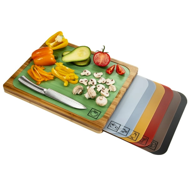 Bamboo Cutting Board w/ 7 ColorCoded Cutting Mats with Food Icons Set