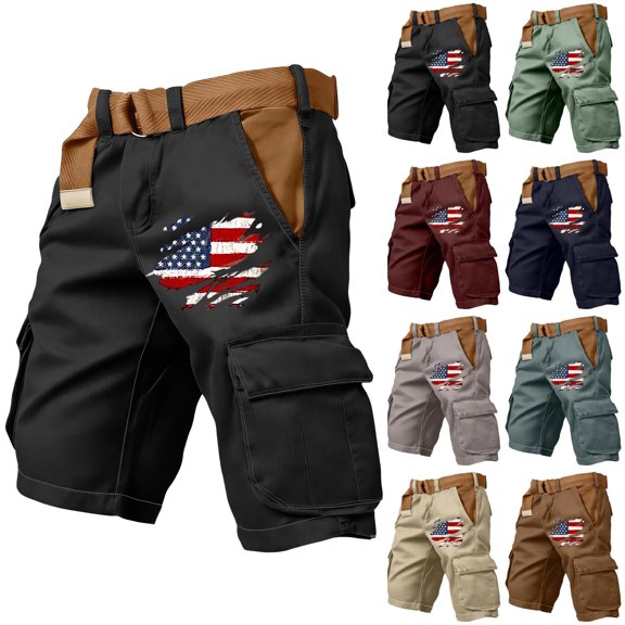 Men's American Flag Cargo Shorts With Belt Included And Multi Pockets Featuring Contrast Lining Detail For Summer Outdoor Work Hiking Fishing Camping Yard Work Black L