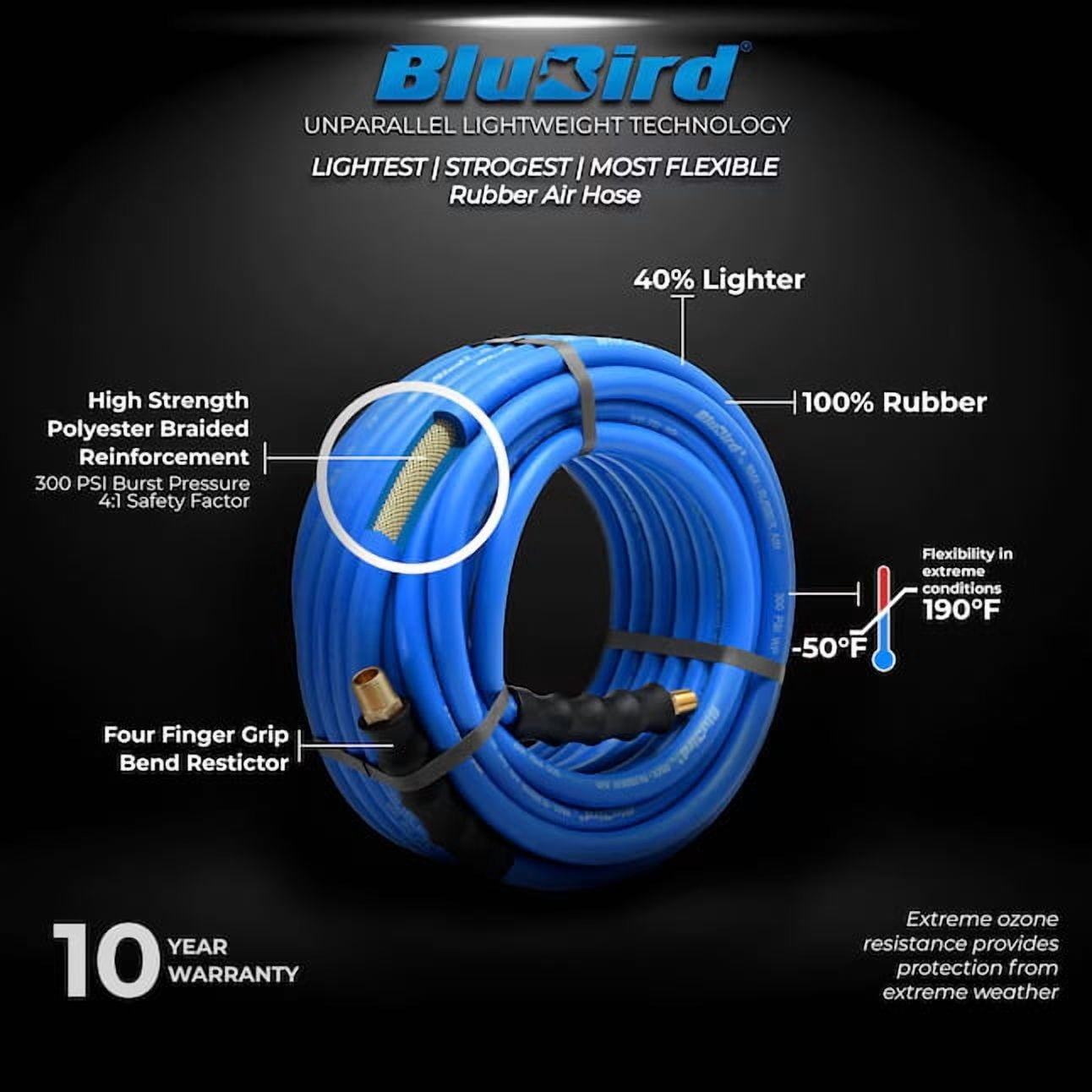 BluBird Heavy Duty Rubber Air Hose 1/4 in x 50 ft, 300 PSI, 1/4" MNPT, Oil & Ozone Resistant, Flexible All-Weather