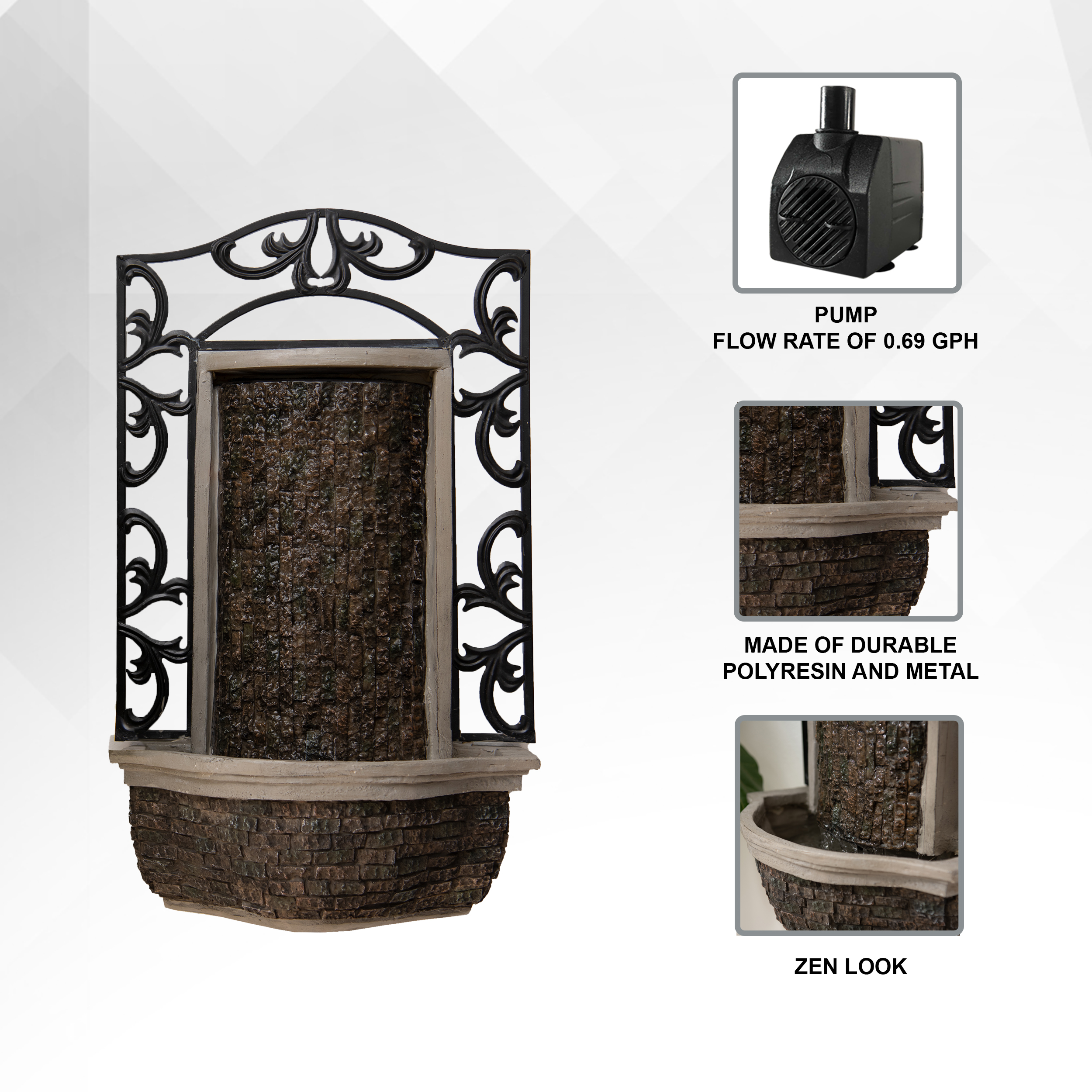 XBrand 30.31" H Stone/Black Polyresin and Metal Indoor Outdoor Wall Mounted Waterfall Fountain with Pump, Wall-Hanging Fountains, Water Fountain Décor, Wall Fountain