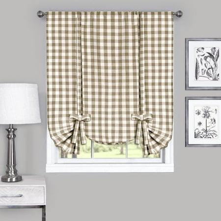Country Chic Plaid Gingham Tie Up Shade Window Curtain Treatment - Taupe