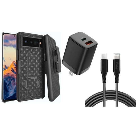 Belt Clip Case and Fast Home Charger Combo for Google Pixel 6 Pro - Swivel Holster PD Type-C Power Adapter 6ft Long USB-C Cable Kickstand Cover 2-Port Quick Charge fits Google Pixel 6 Pro