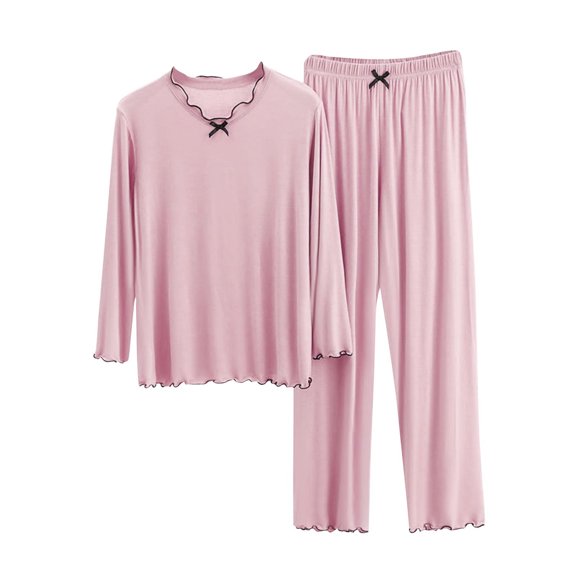 Women Pajamas Set Ruffle Hem V Neck Sleepwear Long Sleeve Pants Nightwear Set Lightweight Trendy Fall Outfits New Fall Outfits Set for Women Dressy Pinky XXL