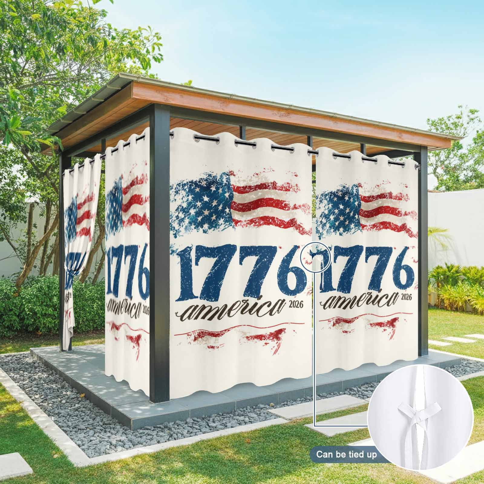 Independence Day Outdoor Curtains for Patio, Vintage American Flag 1766-2026 Beige Background Sunshade Privacy Drapes Grommet Waterproof Outside Curtains for Porch/Cabana/Balcony 54"x 108", 1 Panel