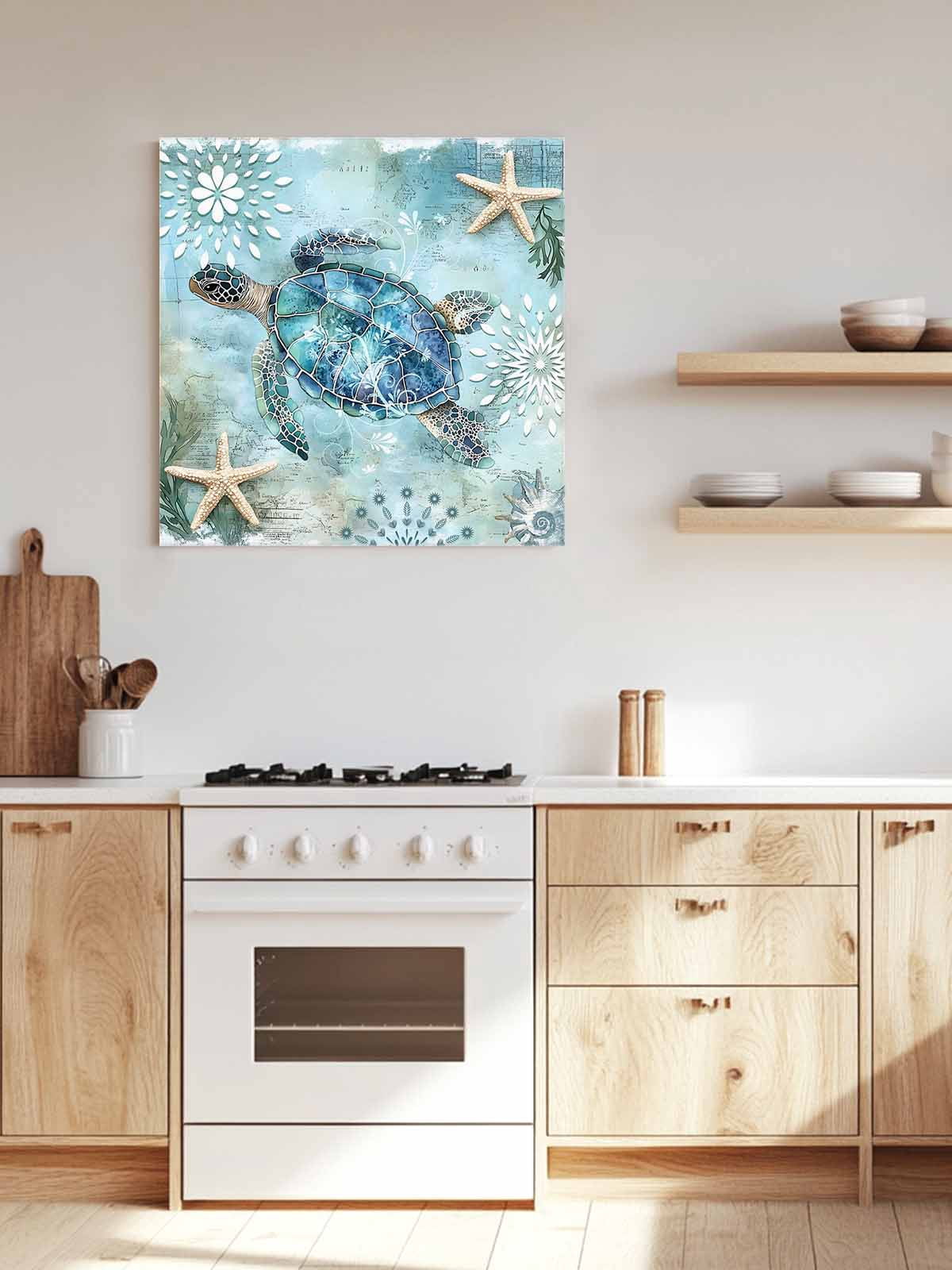 Ocean Sea Canvas Wall Art, Turtle Starfish Undersea Nautical Vintage Blue Framed Wall Decor Modern Artwork Prints Painting for Living Room, Bedroom, Kitchen & Cafe Decor 16x16 Inch