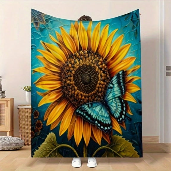 HELLOYOUNG Sunflower Butterfly Print Flannel Throw Blanket, Ultra-Soft Cozy Plush Couch Cover, Lightweight All-Season Warm Layer for Bed, Sofa, Travel, Camping, Home Office Decor