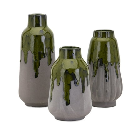 Contemporary Matte - Set of 3 Gray Matte Finished Contemporary Indoor Decorative Green Drip Vases 11”