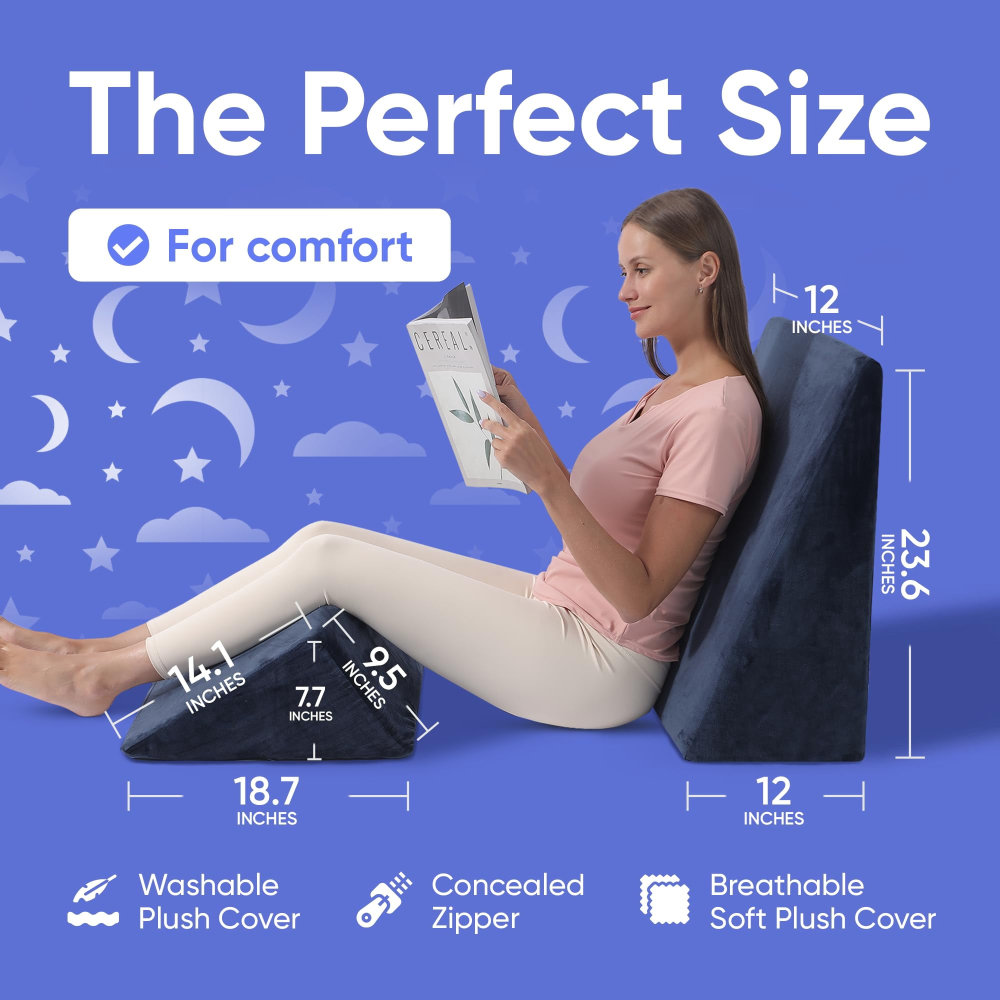 AllSett Health Bed Wedge Pillow Set – 2-Piece Memory Foam Support Cushions for Back, Legs & Knees, Navy
