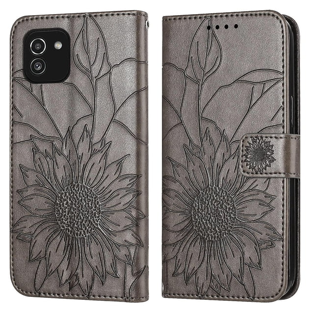 Funda tipo cartera con girasoles grabados para Samsung A03 166, multifuncional, elegante y con protección total.