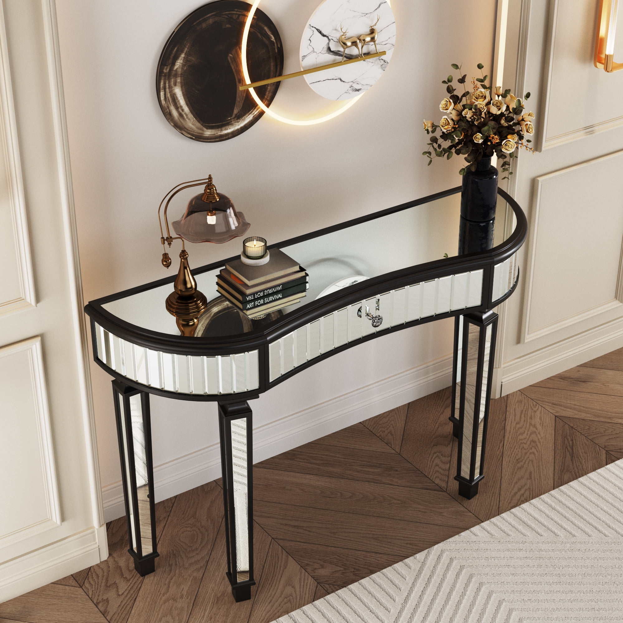 47" Half-Moon Mirrored Console Table Entryway Vanity Desk with Fluted Glass & Crystal Knob Drawer for Bedroom/Dressing Room (Black+Sliver)