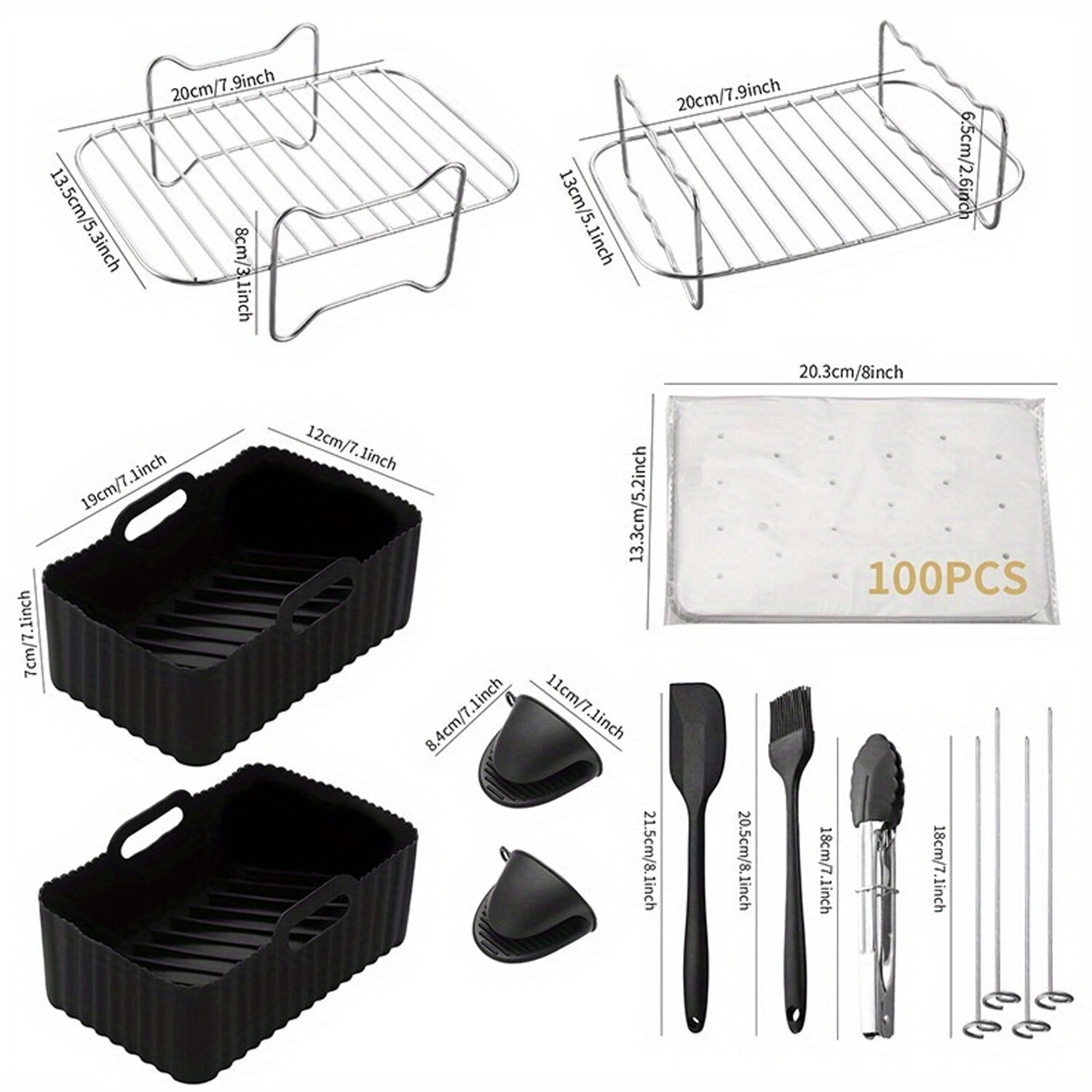 11pcs Ninja Air Fryer Accessories Set For Dual-Basket Air Fryers, Air Fryer Racks, Silicone Air Fryer Liners, Oil Brush, Kitchen Tongs, Coating Pan, Paper Liners, Silicone Gloves - Complete Gift Set