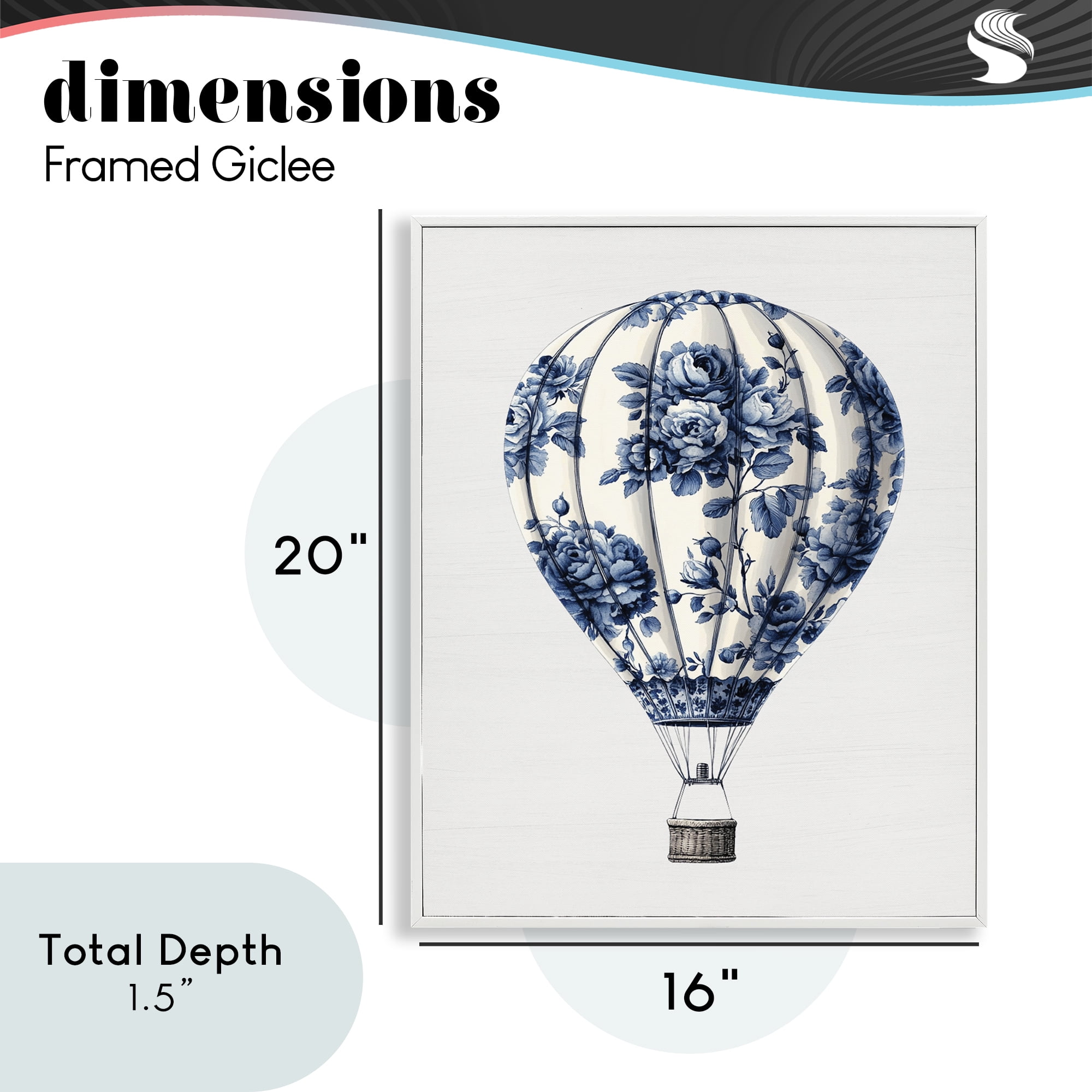 Vintage Toile Hot Air Balloon White Framed Giclee Art, design by Lettered and Lined