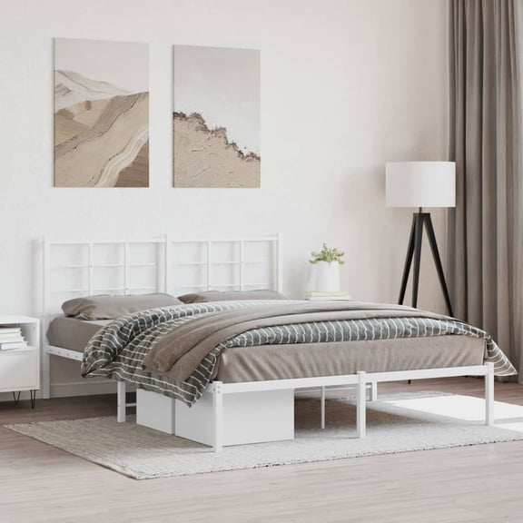 vidaXL Metal Bed Frame without Mattress with Headboard White 59.1"x78.7"