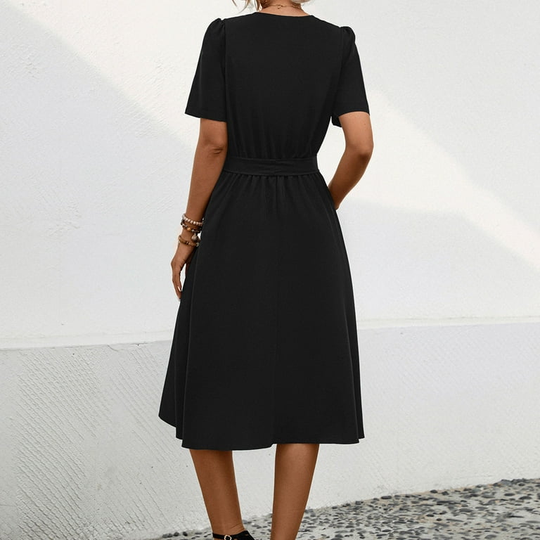 Fartey Women's Formal Dresses 2025 Summer Short Sleeve Tie Waist A-Line Swing Dress Business Casual Solid Color V Neck Midi Dress Elegant Work Dress Black S - Walmart.com Fartey Women's Formal Dresses 2025 Summer Short Sleeve Tie Waist A-Line Swing Dress Business Casual Solid Color V Neck Midi Dress Elegant Work Dress Black S - Walmart.com