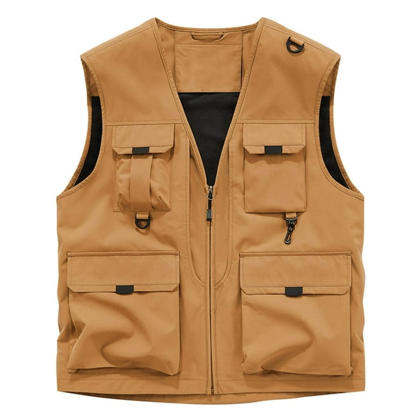 V Cuello Tanque sin Mangas Chaqueta de Trabajo Color Sólido Multi Bolsillo Abrigo para los Hombres, Moda Casual Chaleco de Utilidad