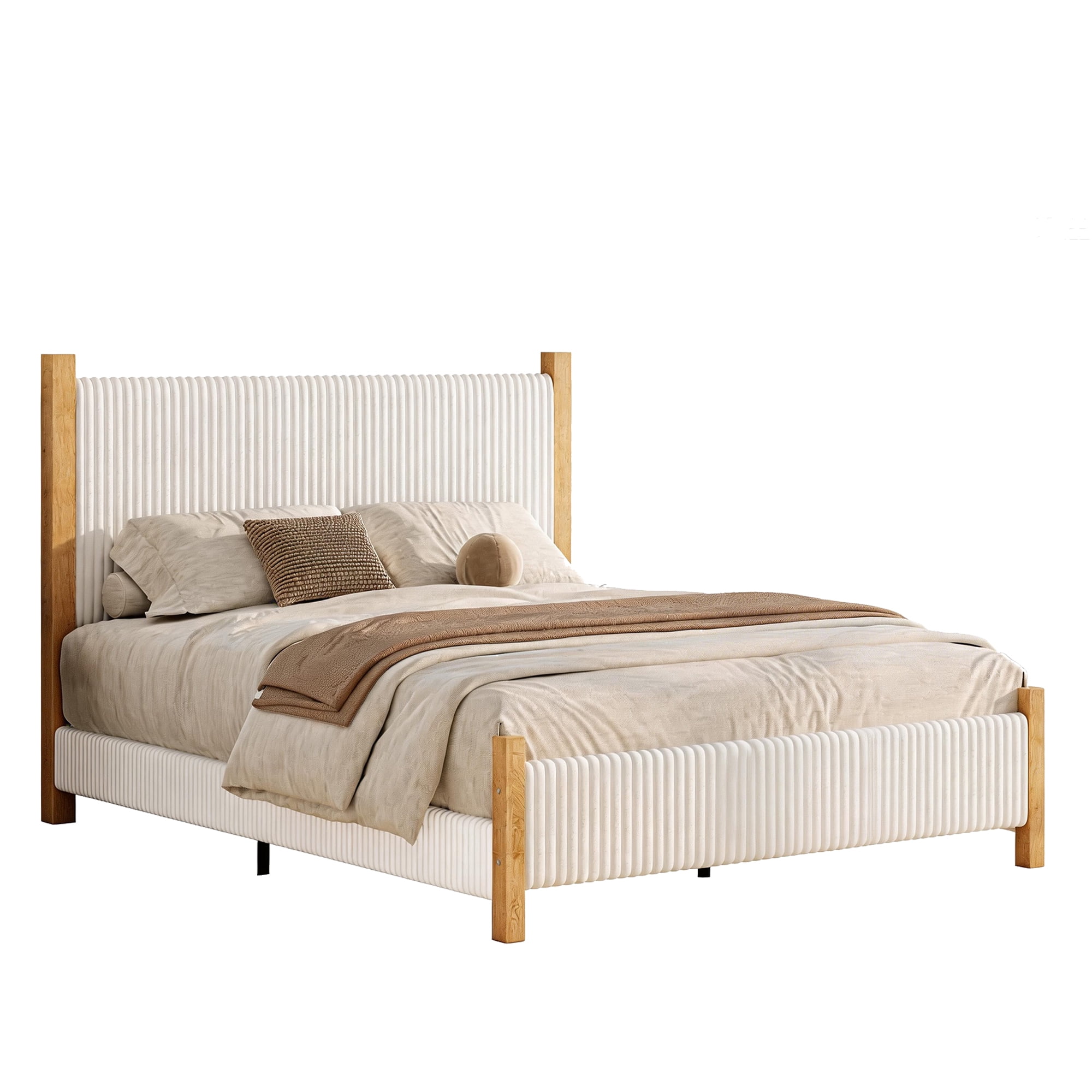 Queen Size Corduroy Upholstered Bed Frame with Vertical Channel Headboard, Noise-Free Platform Bed No Box Spring Needed, Sturdy Structure & Easy Assembly, White