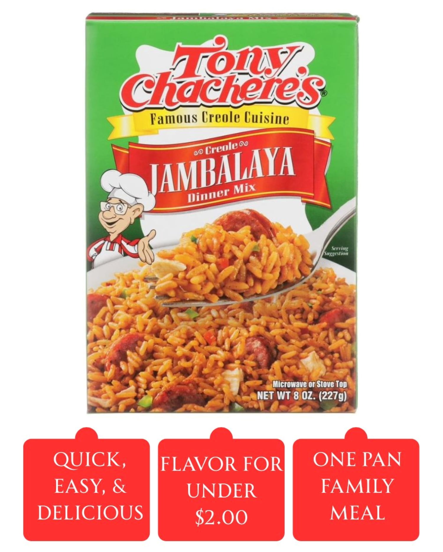 (12 pack) Tony Chachere’s, Rice, Jambalaya, Cajun, Dinner Mix, 8 oz, Shelf Stable, No MSG, Peanut-free
