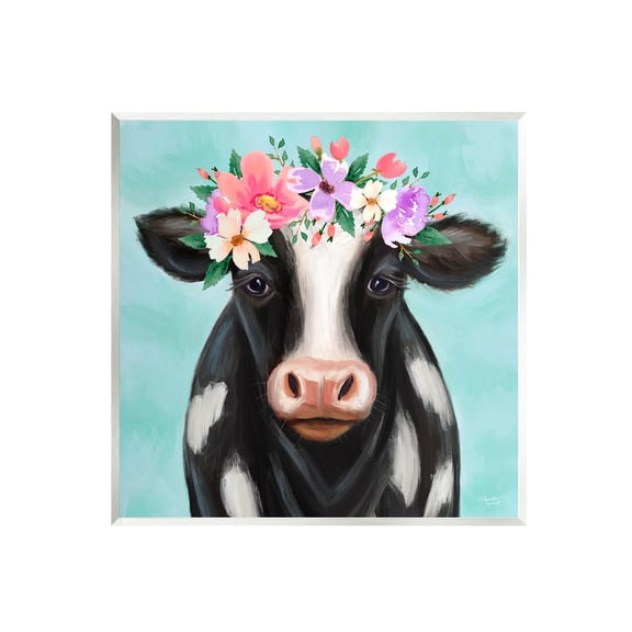 Stupell Industries Farm Cow Floral Turquoise Blossoms Painting Unframed Art Print Wall Art, Design by Elizabeth Tyndall