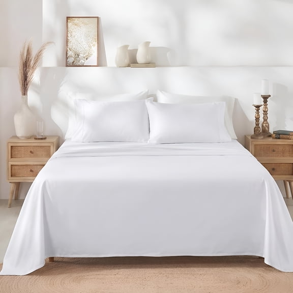 AUQ 6 Pc King Size Sheet Set with 4 Pillowcases Soft 400 Thread Count 100% Cotton Sheets,Sateen,Deep Pockets with All Around Elastic,Durable Bedding Set White