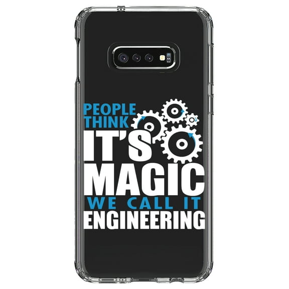 DistinctInk Clear Shockproof Hybrid Case for Samsung Galaxy S10e (5.8" Screen) - TPU Bumper Acrylic Back Tempered Glass Screen Protector - People Think It's Magic It's Engineering