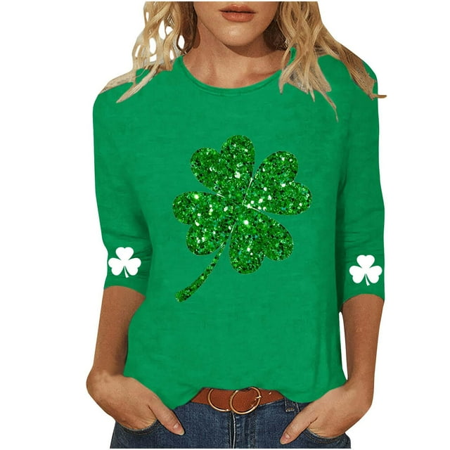 vdgthytj T-Shirts pour Femmes de la Saint-Patrick à Manches 3/4, Grande Taille, Col Ras du Cou, Trèfle, T-Shirt Graphique pour les Fêtes