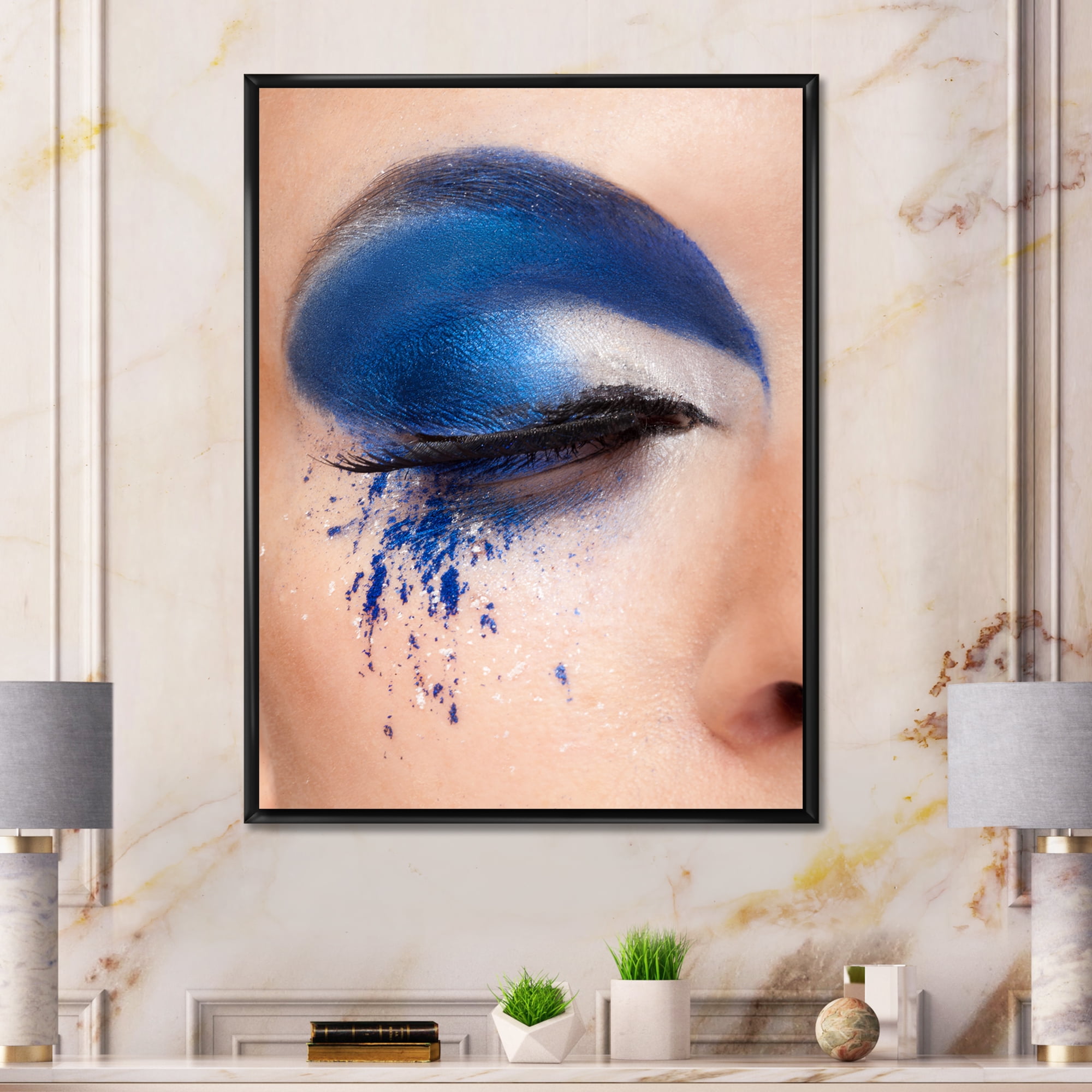 Designart 'Closed Woman Eye With Blue Fantasy Make Up' Modern Framed Canvas Wall Art Print