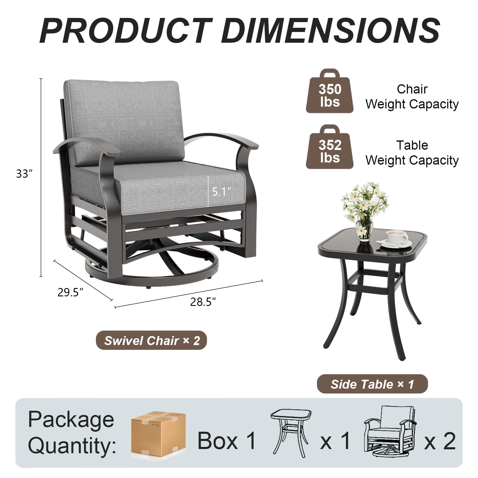Gotland 3PCS Outdoor Aluminum Swivel Rocking Chairs, 2-Person Patio Furniture Conversation Set with Coffee Table and Cushions, Gray