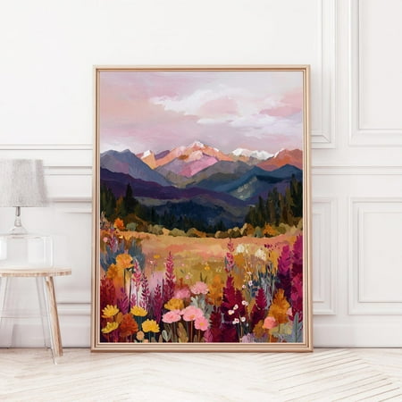 Mountain Landscape Poster – Wildflower Mountains Wall Art, Nature Poster, Boho Mountain Art, Maximalist Dopamine Art Print, Landscape, Unframed Poster Size 8x12 F03.1.22l861