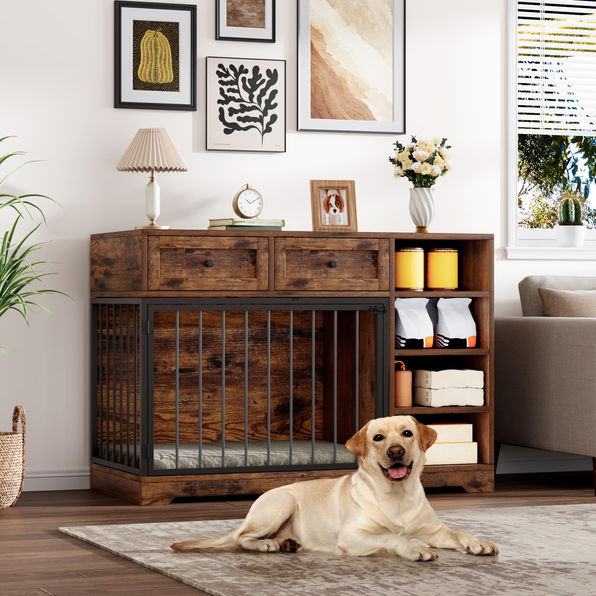 PYY Multi-Functional Wooden Dog Crate Furniture – 2 Drawers & 4 Shelves, TV Stand Design, Indoor Dog Bed for Small, Medium, Large Dogs, Home Office – Classic Color
