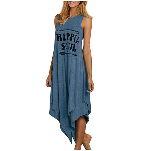 Robe Longue d'Été Décontractée Hippie pour Femmes avec Imprimé Lettre Soul, Sans Manches, Plissée Irrégulière, Ample, Double Couche, Grande Taille