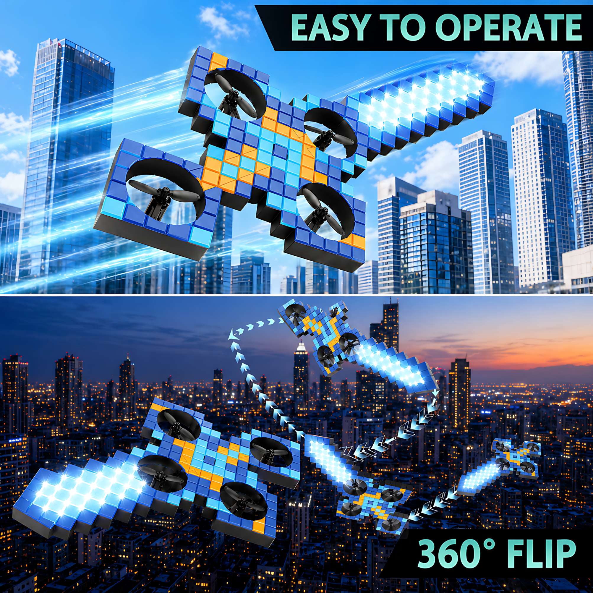 Sword-Shaped RC Airplane with LED Lights, 2.4GHz Remote Control Quadcopter, 4 Motors & 360 Flip Foam Drone, Blue