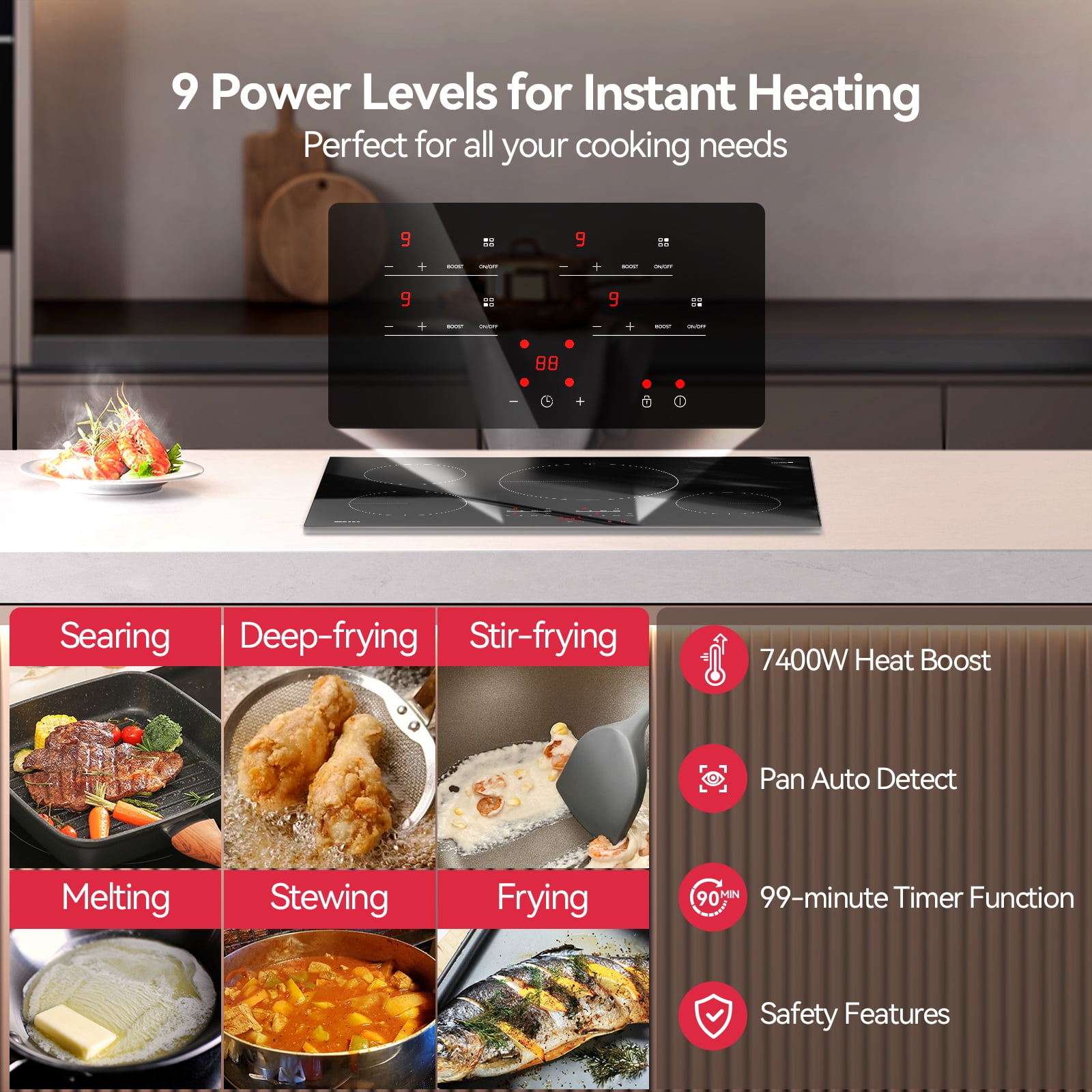 Tecasa 30 Inch 4 burners Induction Cooktop, 7400 W Built-In Stove Top with Boost Function and Touch Control,Black