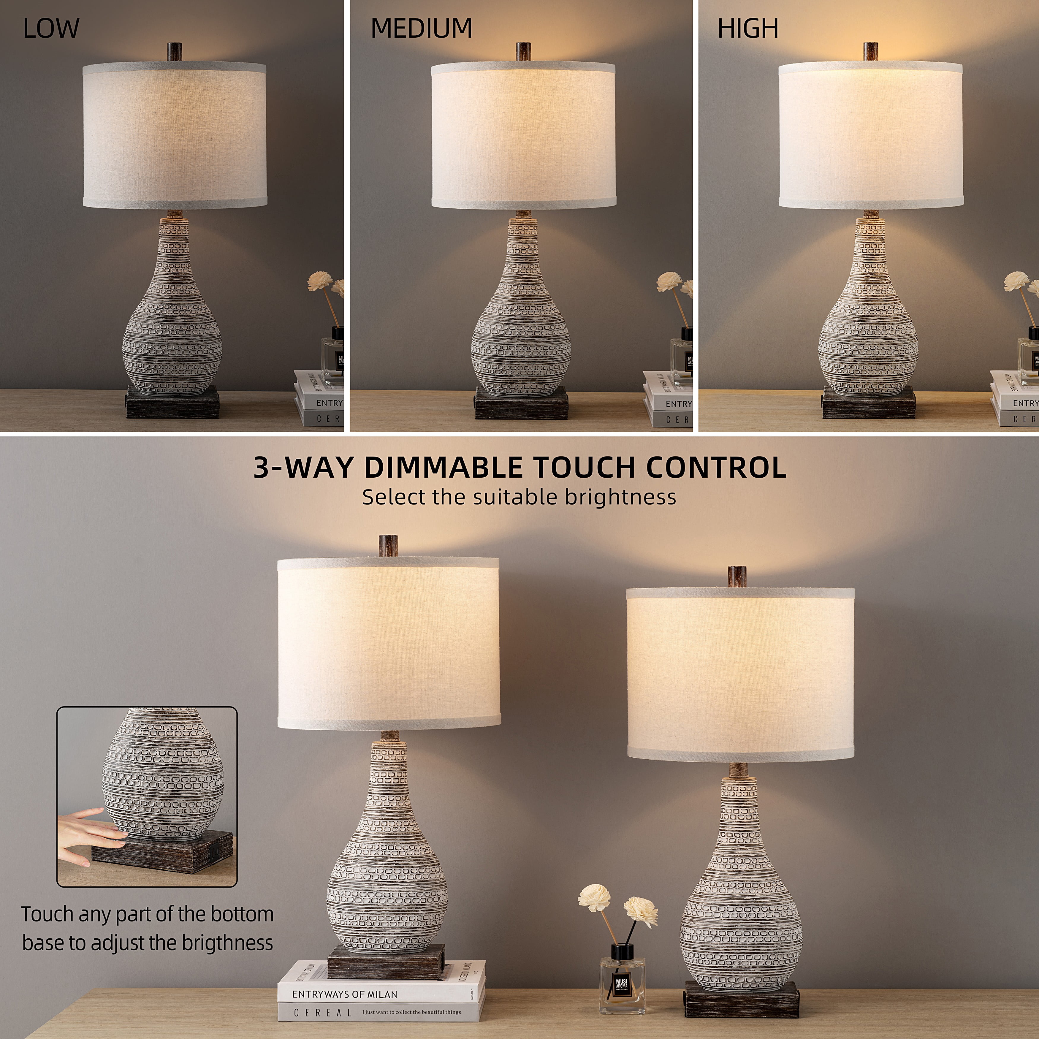 Kyrid 24'' Farmhouse Table Lamps Set with USB & NightLight, 3-Way Touch Control Table Lamps Set of 2 for Living Room (Bulbs Included)