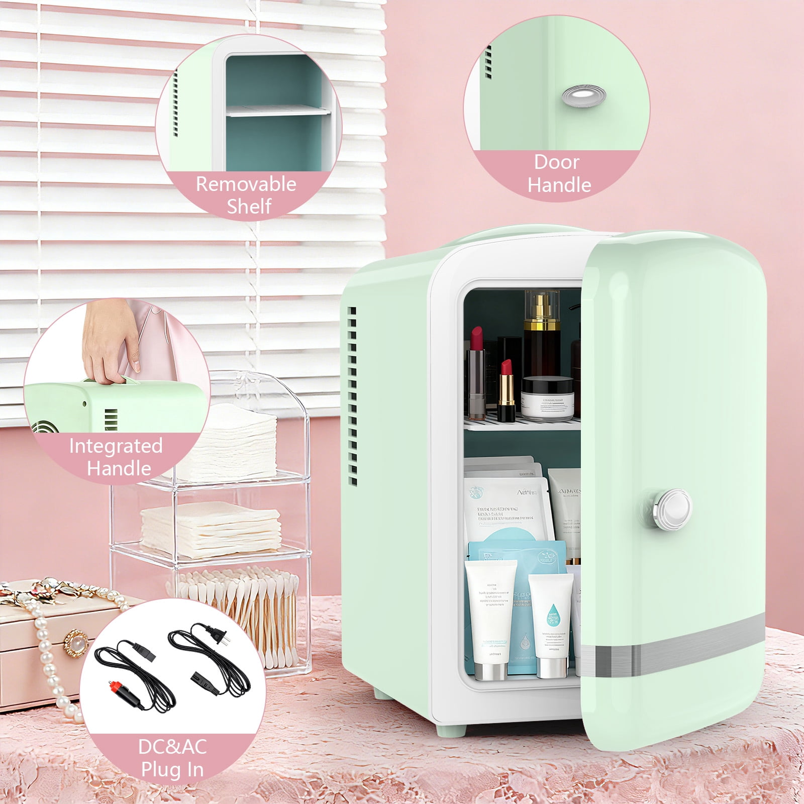 KNDKO Mini Fridge, 4L/6 Cans Cooler and Warmer Compact Refrigerator Skincare, Makeup & Drink, Portable Desk Fridge for Car, Office, Dorm, Green