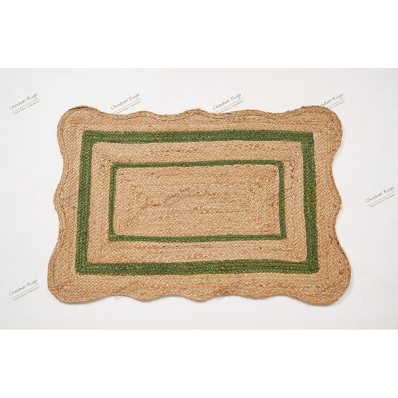 Rectangle Scalloped Jute Rug Beige And Green Color Area Rug Bohemian Jute Rug