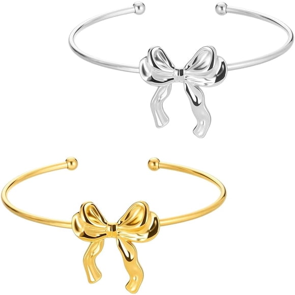 2 Pcs Knot Bangle Golden and Silver Real 18K Gold Plated Cute Charm Cuff Bangle Bracelet Adjustable Open Cuffs Wrist Bracelet for Women