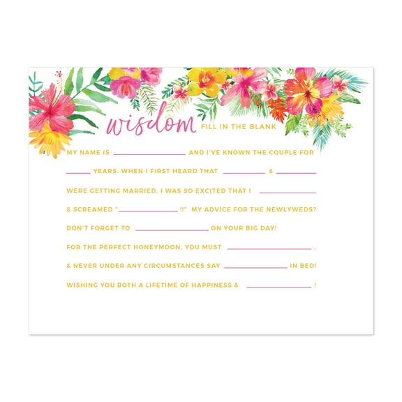 Tropical Floral Garden Party Wedding, Fill in the Blanks Advice for the Bride-to-Be Bridal Shower Game Cards, 20-Pack