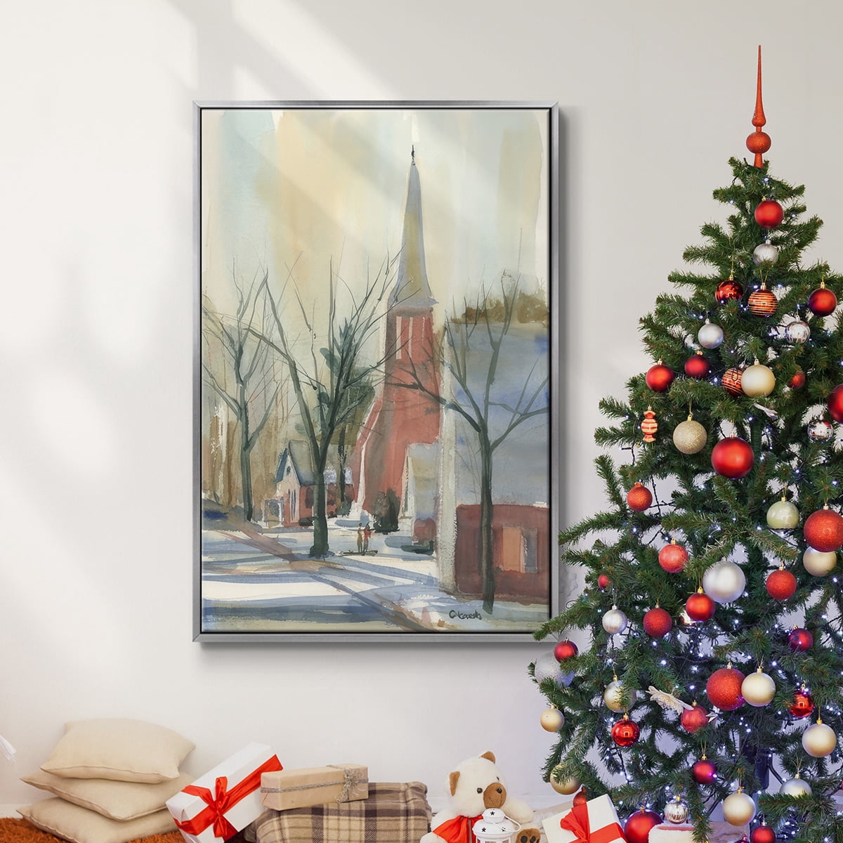 New England Main Street - Framed Gallery Wrapped Holiday Canvas - 17 x 25 - Silver Frame