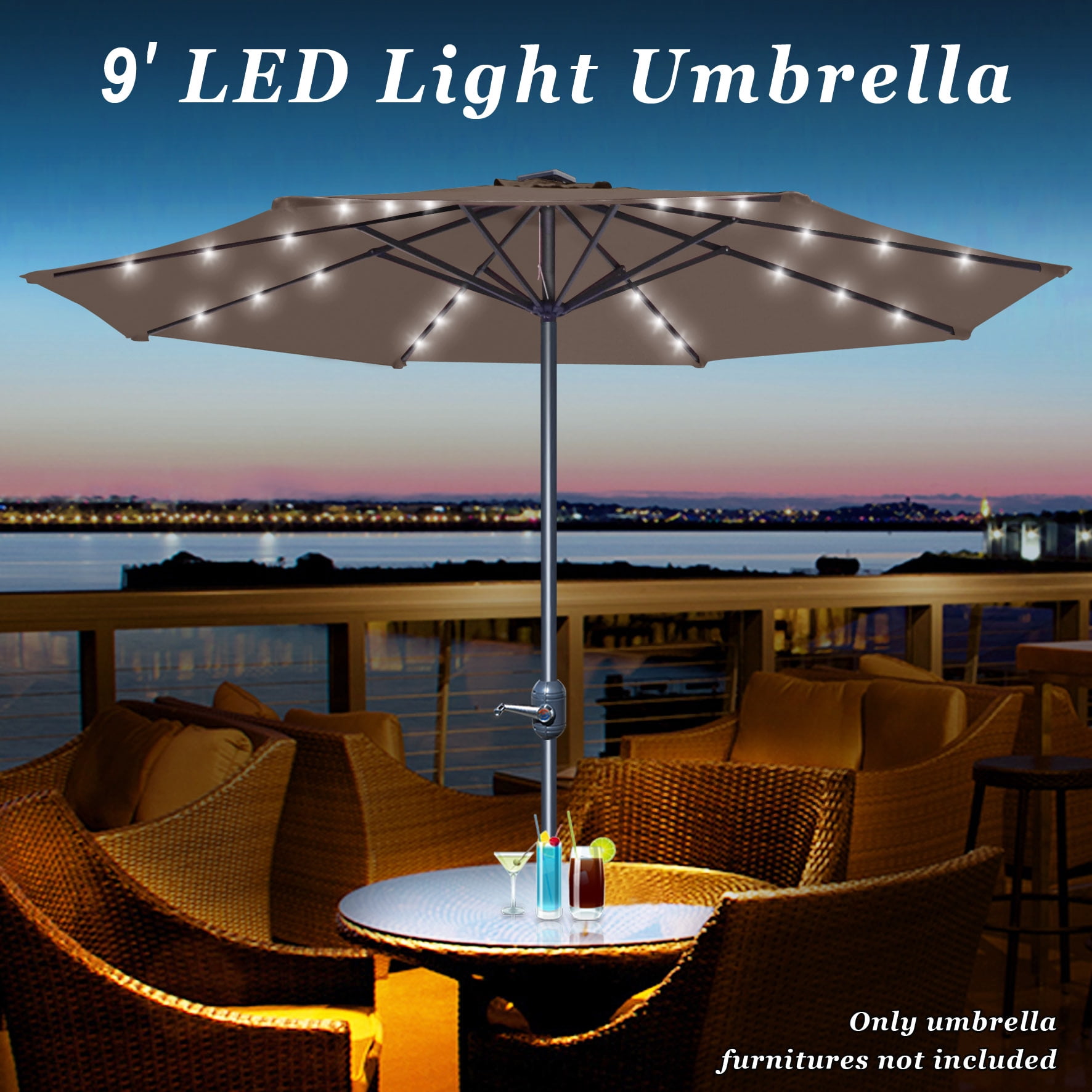 Sunny 9' Aluminum Solar Powered Patio Umbrella 24 LED Light Parasol Sunshade with Crank (Taupe)