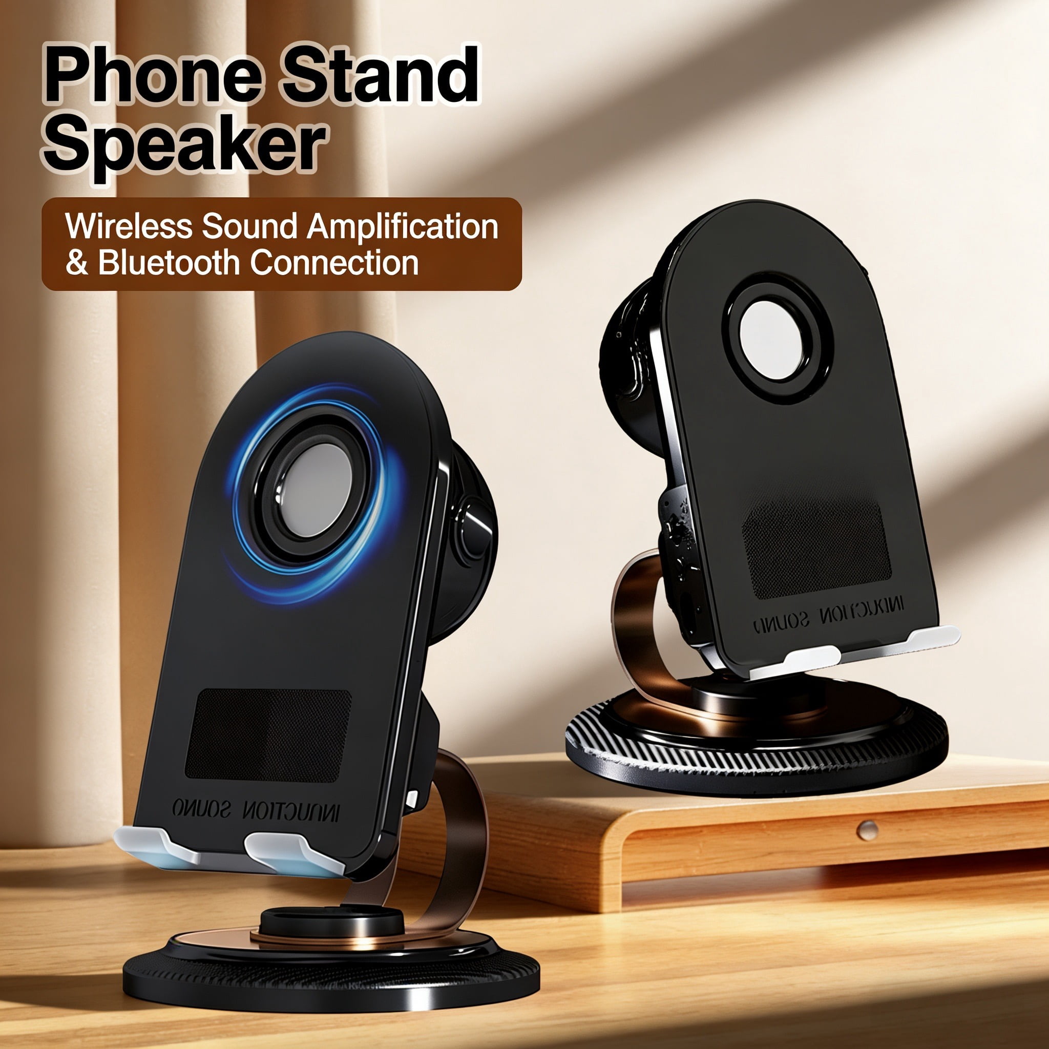 Wireless Induction Speaker with 360° Rotating Phone Stand, No Bluetooth Required, Universal Desktop Phone Holder & Sound Amplifier