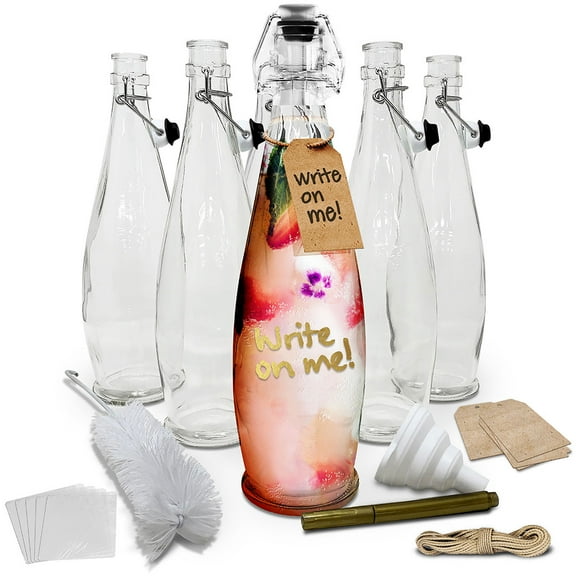 Nevlers 33 oz Teardrop Swing Top Glass Bottles (Pack of 6) | Includes Funnel, Brush and Marker