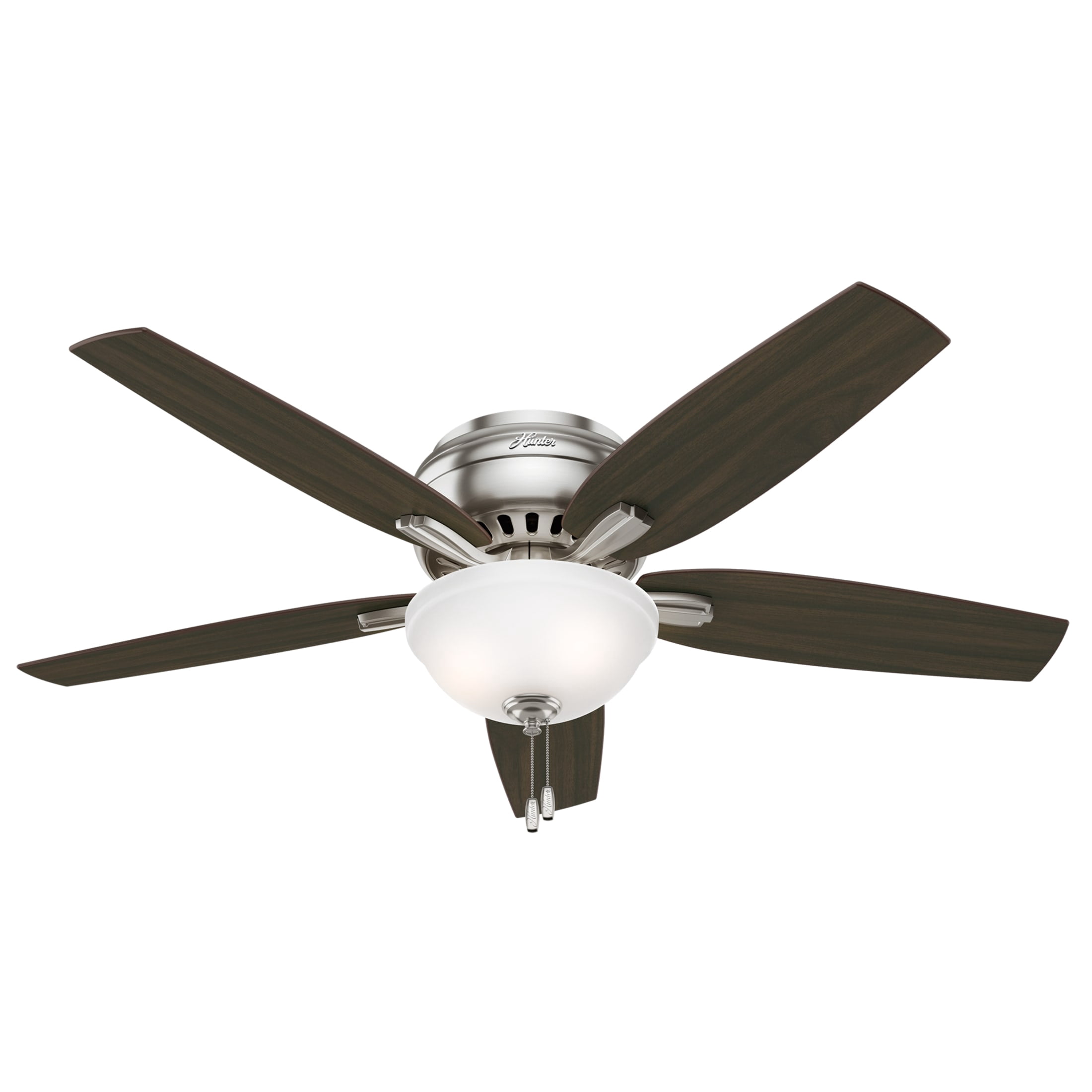 Hunter 52 inch Indoor Ceiling Fan with LED Light - Ceiling Fan with Pull Chain, For Bedroom or Living Room, Low Profile Mount, No Remote, 5 Blades, Includes Bulbs- Newsome 53315, Brushed Nickel