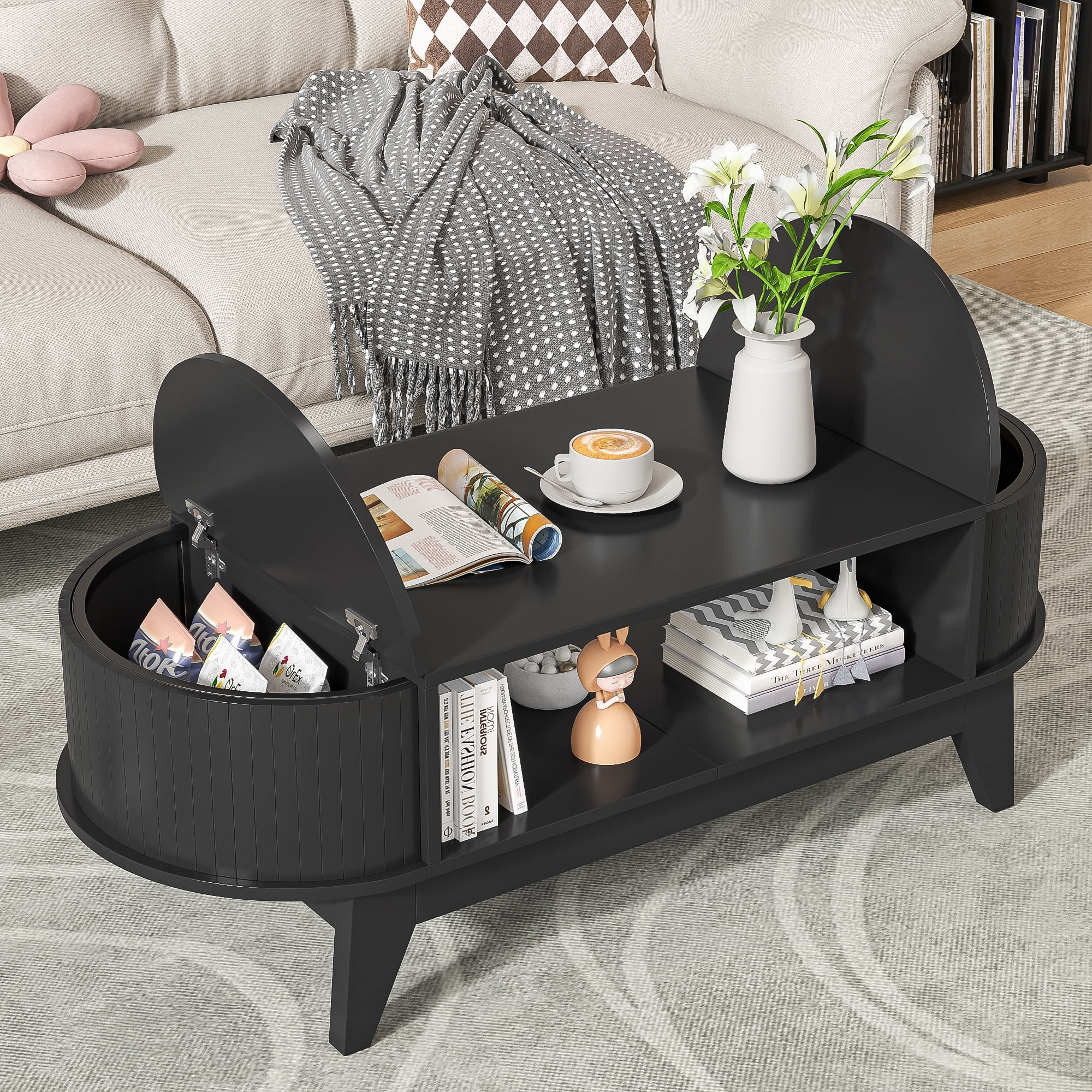 Fluted Coffee Table with Storage, Modern Coffee Tables, Wood Accent Center Table, Black