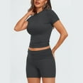 thumbnail image 4 of LZHGirlshop 2 Piece Outfits for Women Casual Spring and Summer Women Solid Short Sleevele Round-Neck Blouses Tops Shorts Elastic Slim Waist Sets, 4 of 6