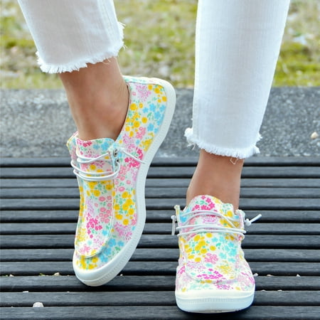 

Women‘s Floral Pattern Canvas Shoes Comfortable Lace Up Walking Shoes Slip On Flats Sneakers
