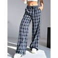thumbnail image 3 of Women'S Plaid Leopard Print Straight Leg Pants Elastic Waist Y2K Trousers Bottoms with Pockets Blue&White Grid S, 3 of 4